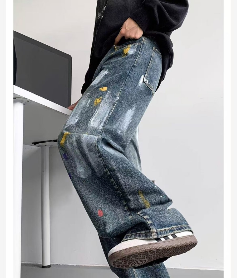 Calças Jeans de Moda por Atacado, Jeans Reto Desenhados à Mão para Homens, Calças Jeans Baggy Azuis de Cintura Média