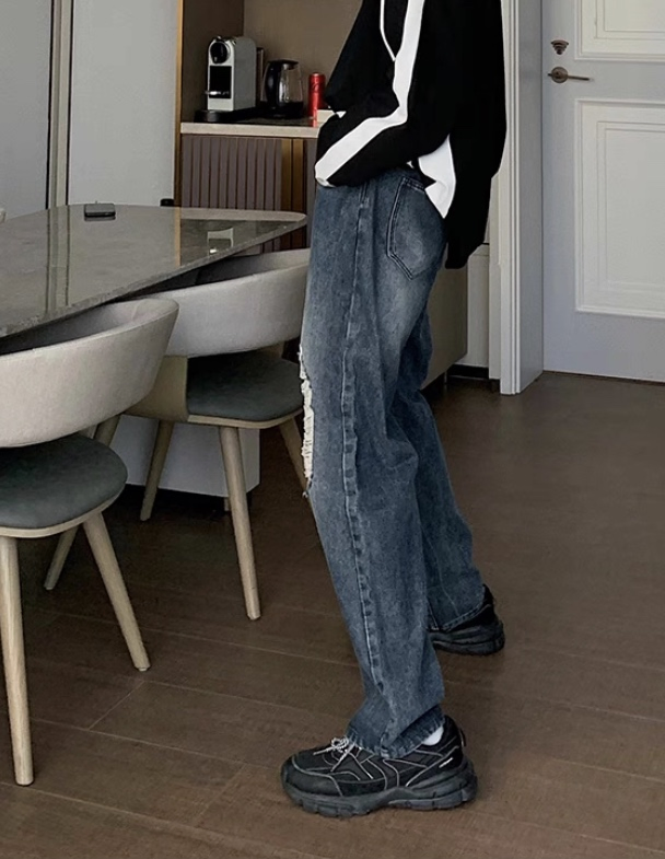 Jeans Masculinos Estilosos e Quentes, Cintura Média, Lavagem Solta, Design com Rasgos no Joelho para Uso Casual de Rua