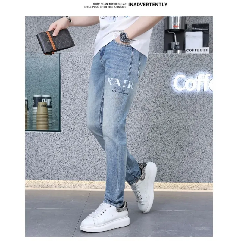 Calças Jeans Casuais Slim Fit para Homens de Cintura Alta Respirável Clássicas Estilo Hip Hop Cinza Carvão Letra Outono Verão Primavera