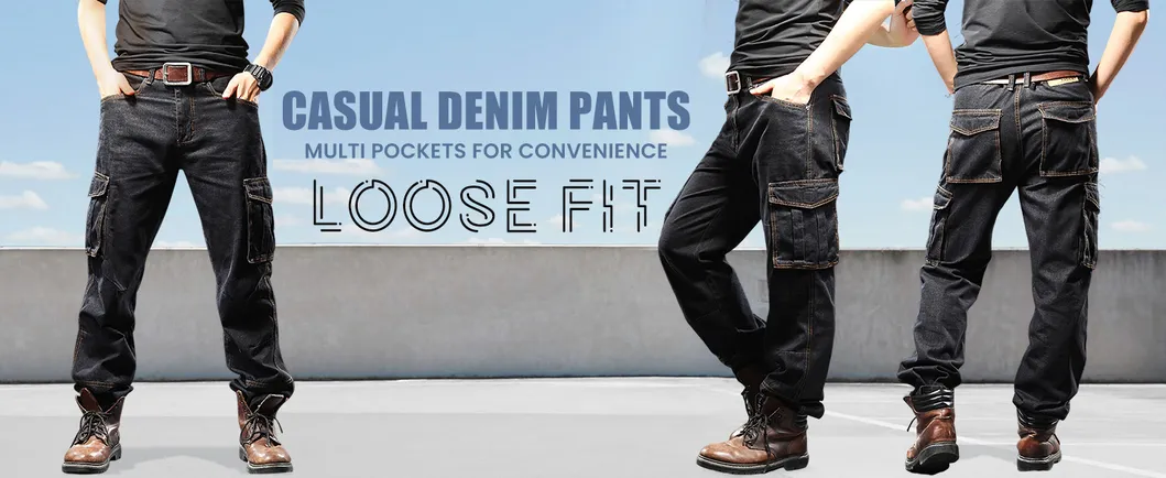 Calças de Trabalho Jeans de Hip Hop Casuais Masculinas Largas com Bolsos Cargo