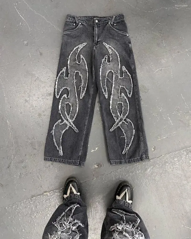 Y2K Jeans Masculinos Bordados Harajuku Hip Hop, Vintage, Corte Solto, Cintura Alta, Streetwear Gótico, Estilo Vintage, Perna Larga para Uso Casual e Fashion