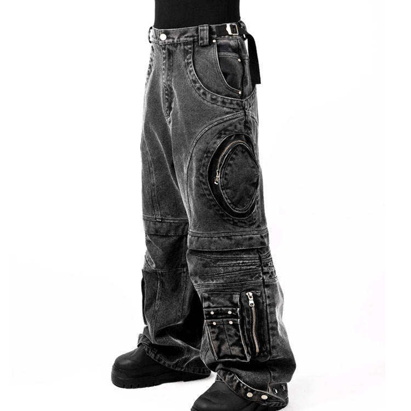 Fabricante OEM de Alta Qualidade Calças Cargo de Denim Punk Rock Hip-Hop Streetwear para Homens com Múltiplos Bolsos Grandes