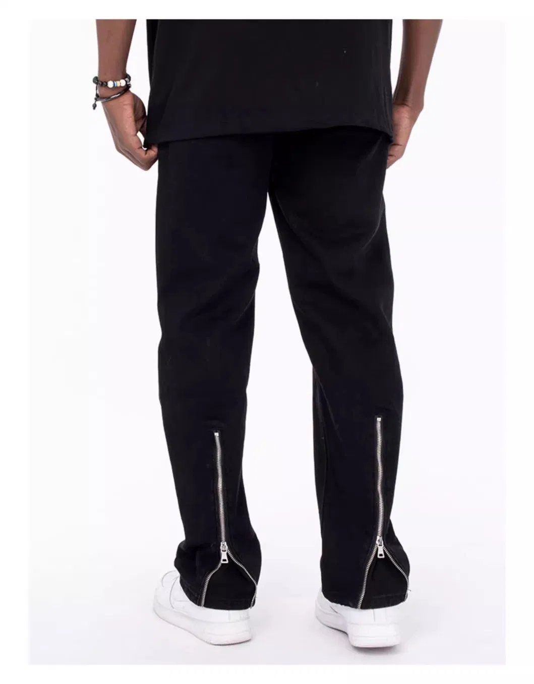 Calças de Jeans Masculinas Fashion com Zíper na Barra, Corte Reto, Jeans Relaxados