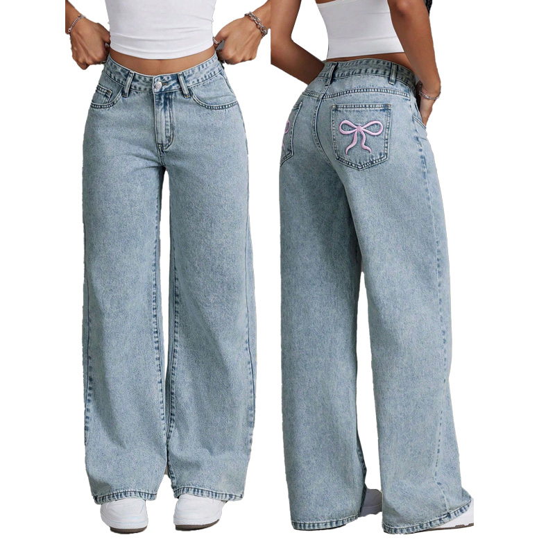 Jeans largos femininos soltos com um corte reto ajustado