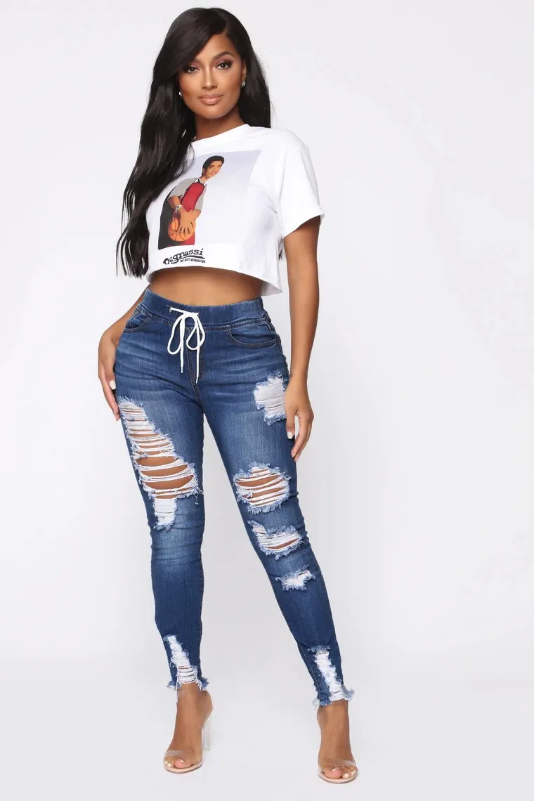 Calças de Moda Azuis Rasgadas Com Buracos Stretch para Mulheres Jeans Femininos; S Jeans
