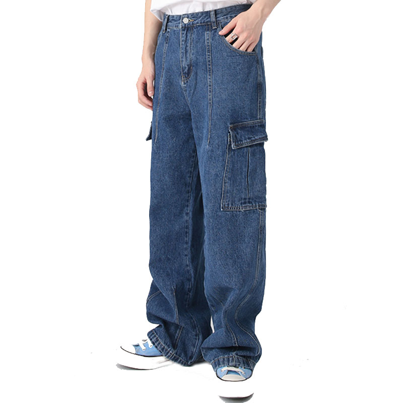 Homens Moda Vintage Atacado Casual Jeans Cargo Azul Largura de Algodão Lavado