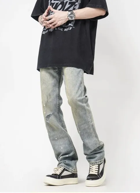 Calças Micro Flare Nova Moda Lavagem Vintage Tinta Splash para Homens Jeans Denim