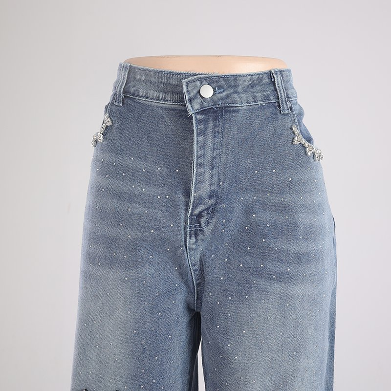 Calças de Jeans Femininas Ripped Slim Sexy com Padrão em Forma de Coração para Mulheres com Perna Reta