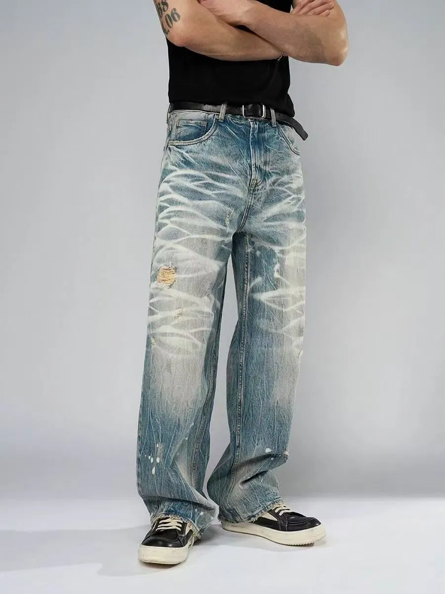 Calças Jeans Masculinas Tendência Rua Desgastadas Gradiente Largas Retas