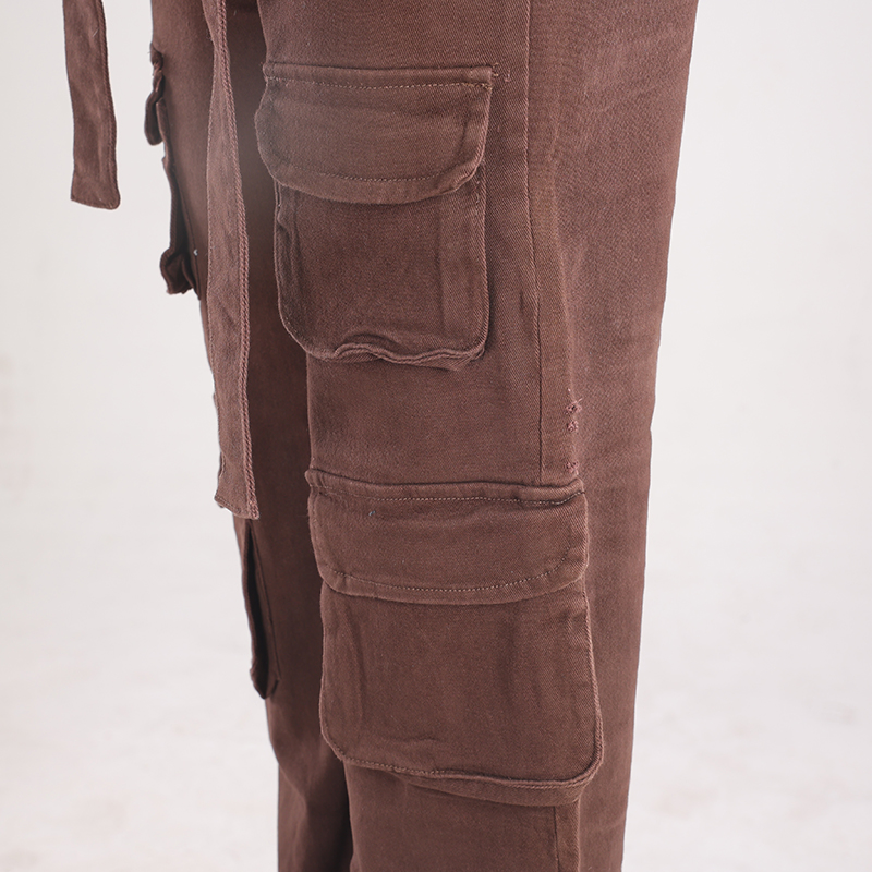 Calças de brim vintage femininas marrons de cintura alta, com pernas largas e múltiplos bolsos, calças cargo respiráveis, estilo de rua
