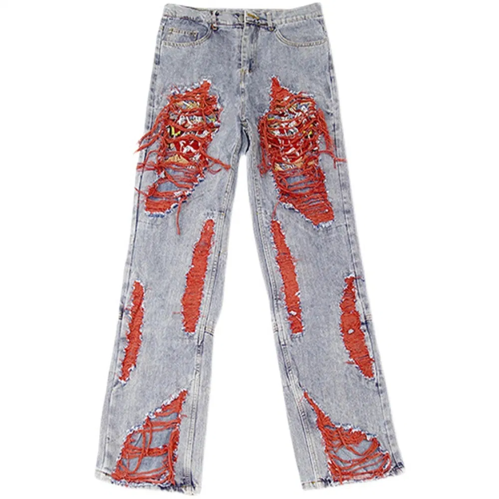 Calças Jeans Distressed High Street Hole Vintage Hip Hop Masculinas Estilo de Rua Bordado Perfurado Calças Largas de Perna Reta Lavagem Desbotada ao Sol