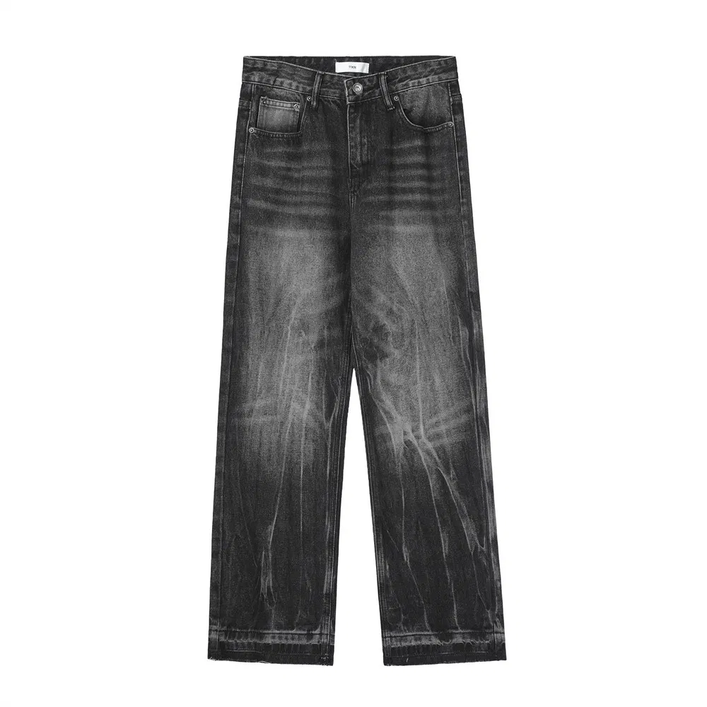 Calça casual masculina preta de algodão solta e larga, calça jeans denim original de fábrica