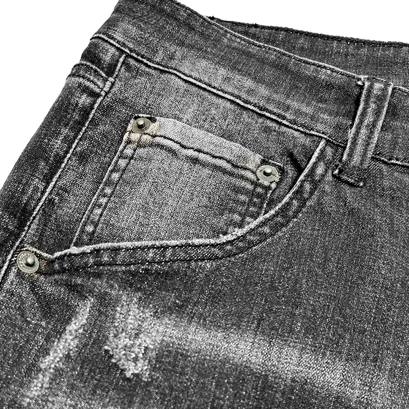Calças Jeans Pretas Ripped Premium Personalizadas com Zíper Dourado Decorativo Corte Reto