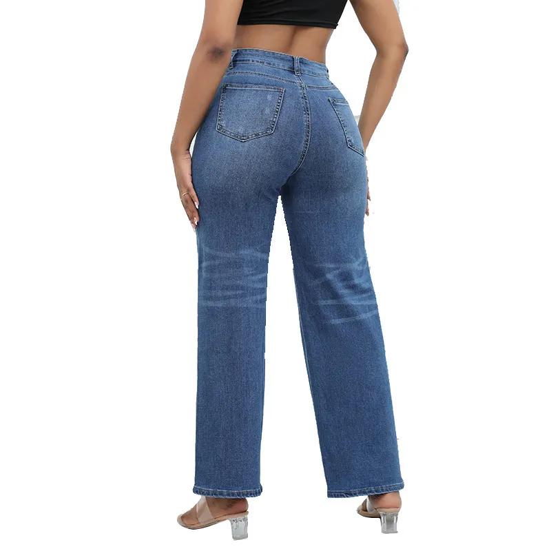 Calças de jeans largas rasgadas de moda casual femininas personalizadas por atacado em denim lavado