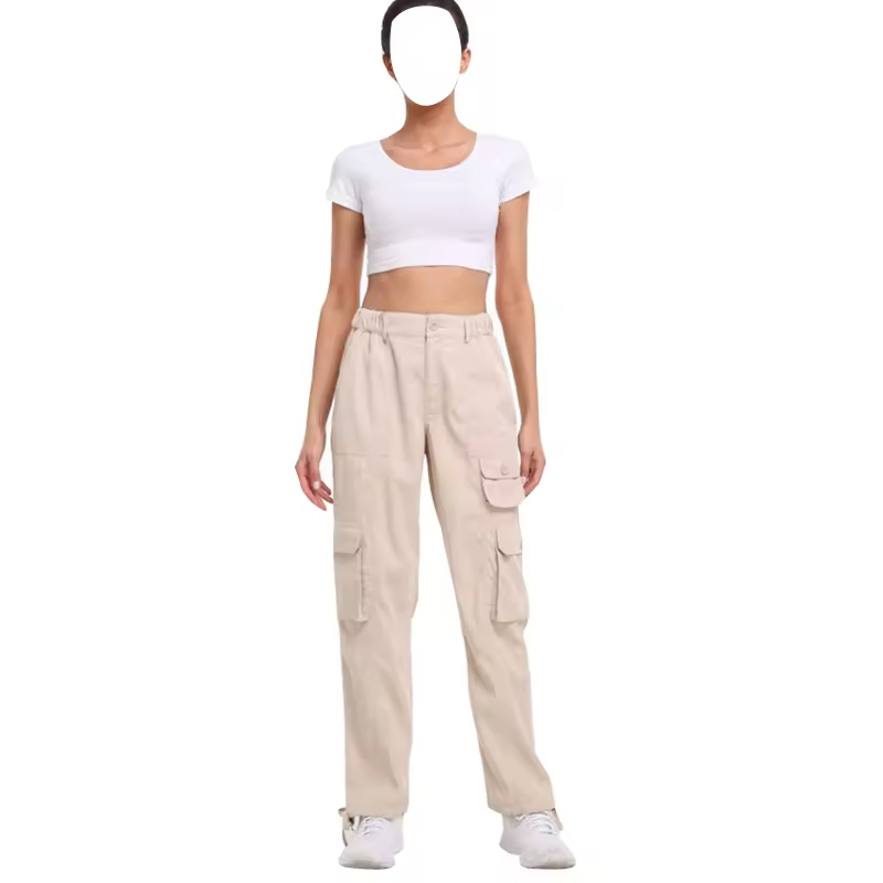 Novo Design de Calças Casuais de Trabalho Femininas de Cintura Alta, Largas e com Múltiplos Bolsos