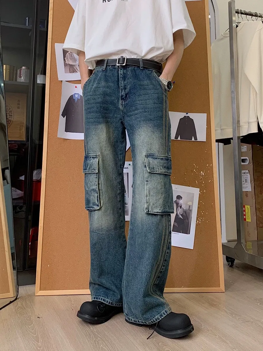 Calças casuais largas retas com bolsos grandes, macacão de denim para homens