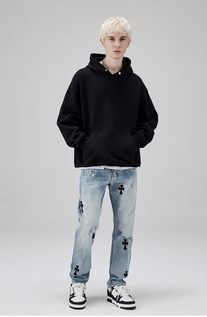 Jeans de Denim com Bordado, Lavagem, Corte Reto e Relaxado para Homens