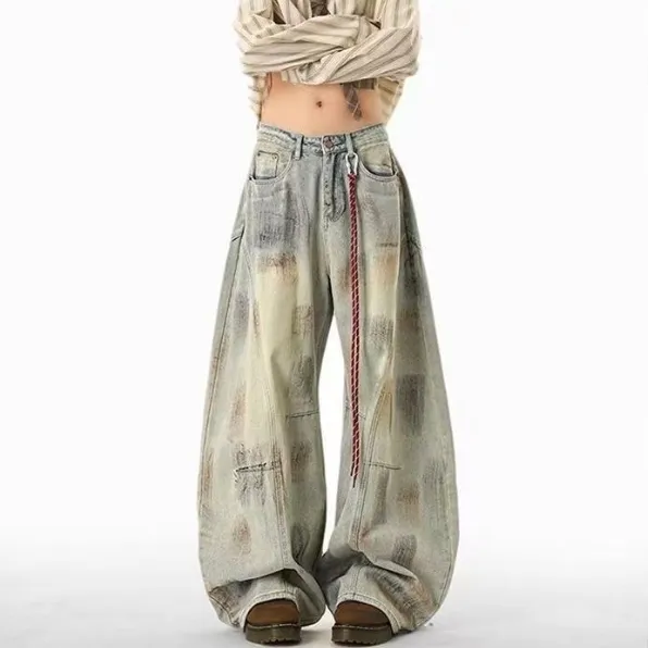 Calças de Jeans Bordadas em Patches de Estilo Americano Divertido para Homens e Mulheres no Mesmo Estilo, Nova Tendência, Ajuste Relaxado, Largas e Longas