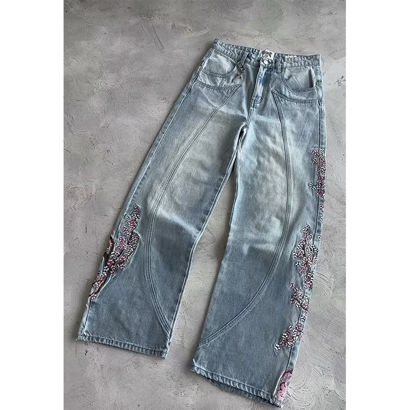 Jeans de Denim Masculinos Vintage Oversized de Perna Reta Acid Wash Azul 3D-Embroidered de Alta Qualidade por Atacado Hip-Hop