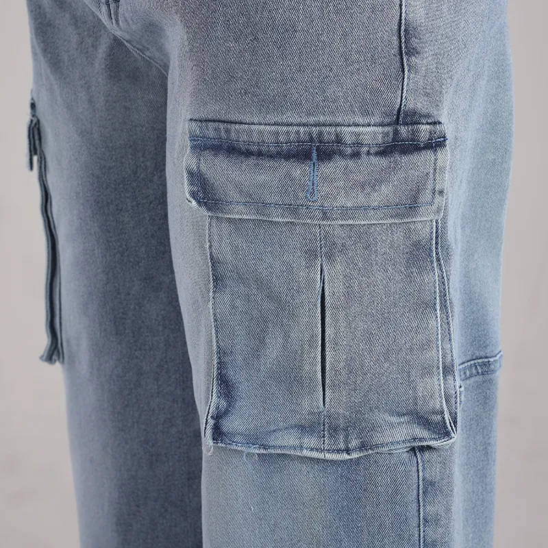 Calças femininas de estilo hip hop, design único e estilo de gêmeos, moda tendência, jeans de denim retro com múltiplos bolsos