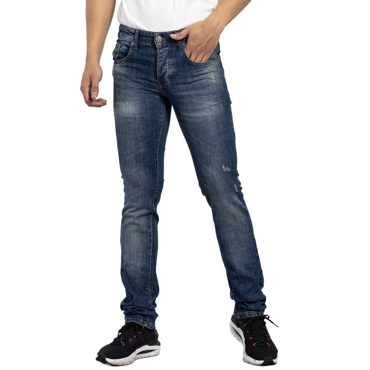 Jeans casuais masculinos de design rasgado em denim azul lavado europeu e fashionável