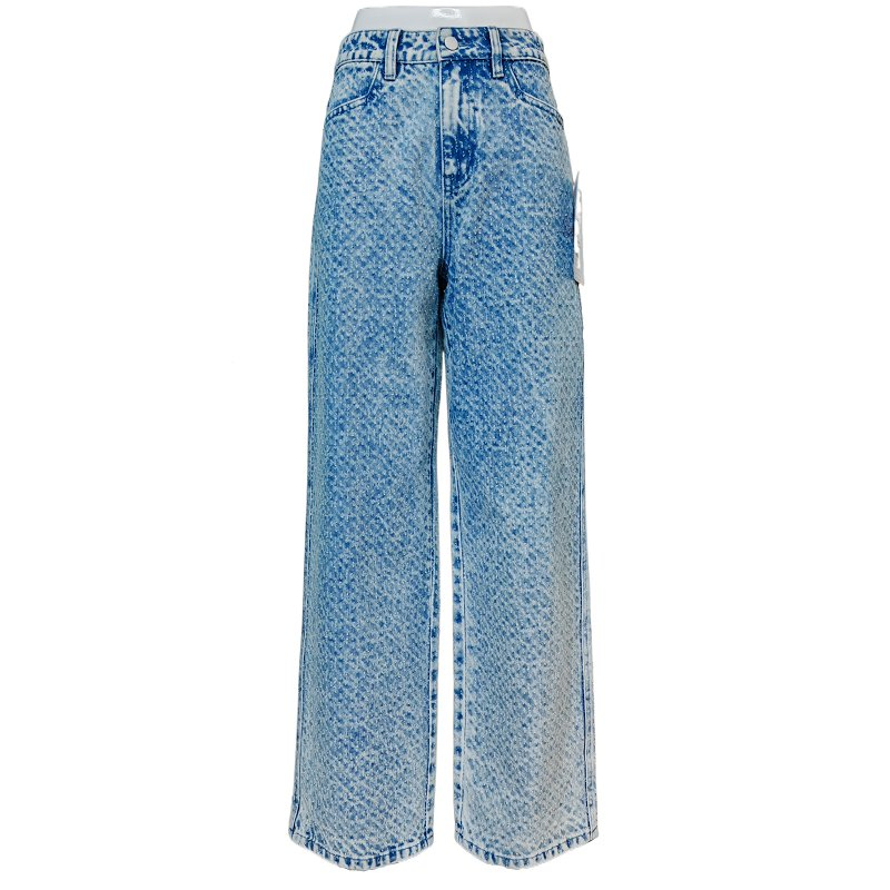 Calças Jeans Femininas de Cintura Alta Lavadas Azuis Casuais Moda Perna Larga Ajuste Solto Botão Bolsos Buraco Sexy Sólido Venda Quente