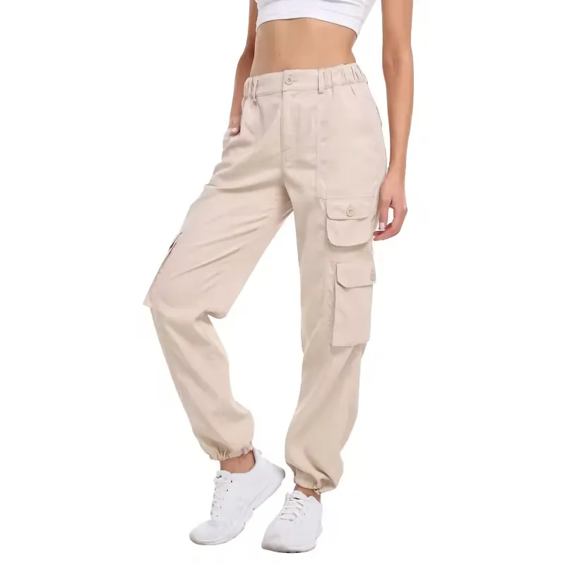 Novo Design de Calças Casuais de Trabalho Femininas de Cintura Alta, Largas e com Múltiplos Bolsos