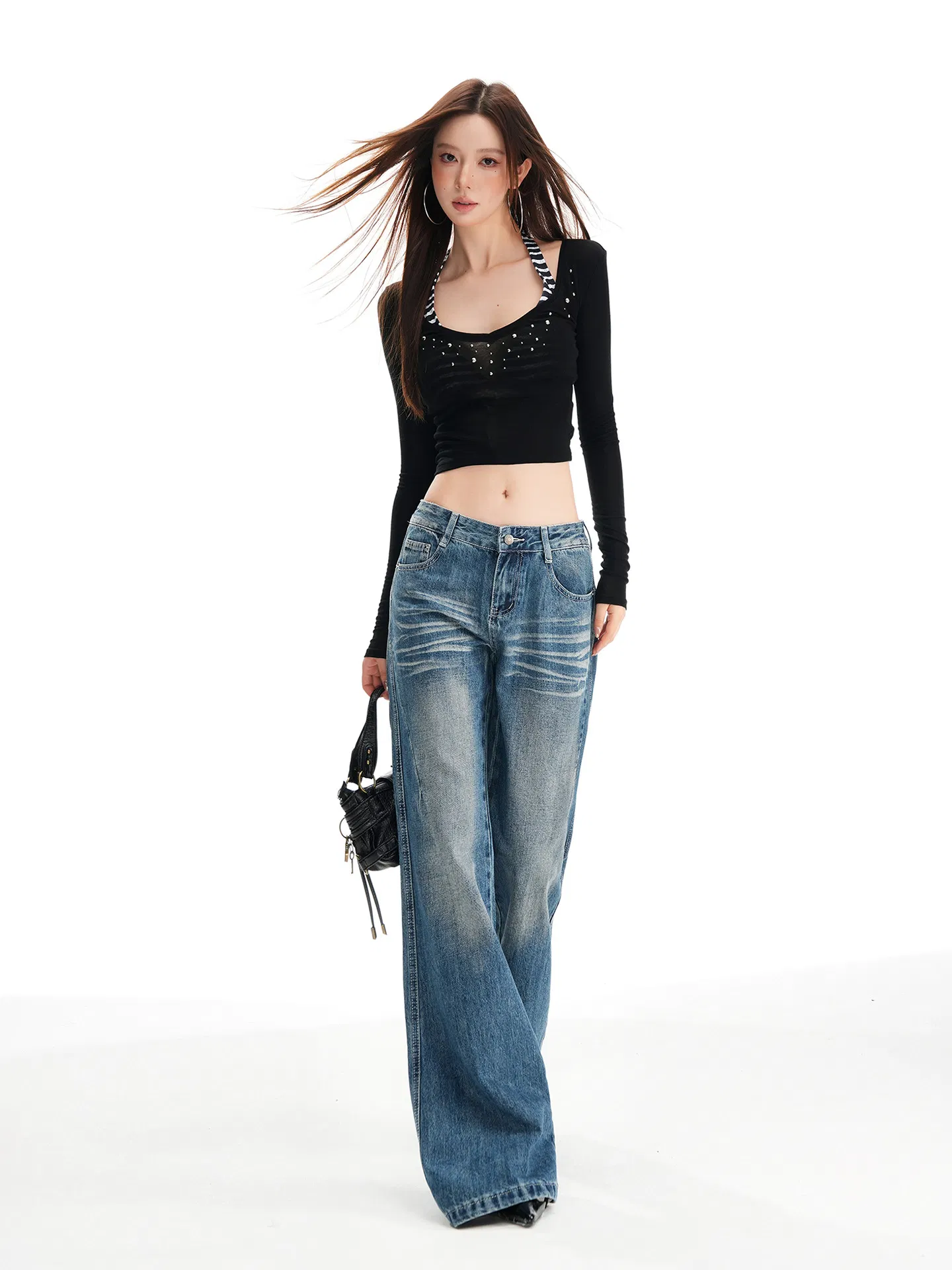 Baixa MOQ Calças Jeans Flare Vintage Lavadas para Mulheres de Cintura Alta Relaxadas com Pernas Largas Retro
