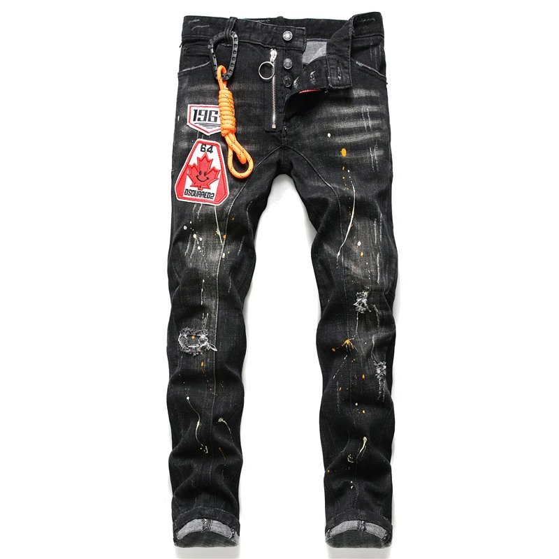 Calças masculinas de estilo punk europeu-americano, bordadas, desgastadas, pintadas, com elástico, de perna reta e comprimento até o tornozelo, tendência