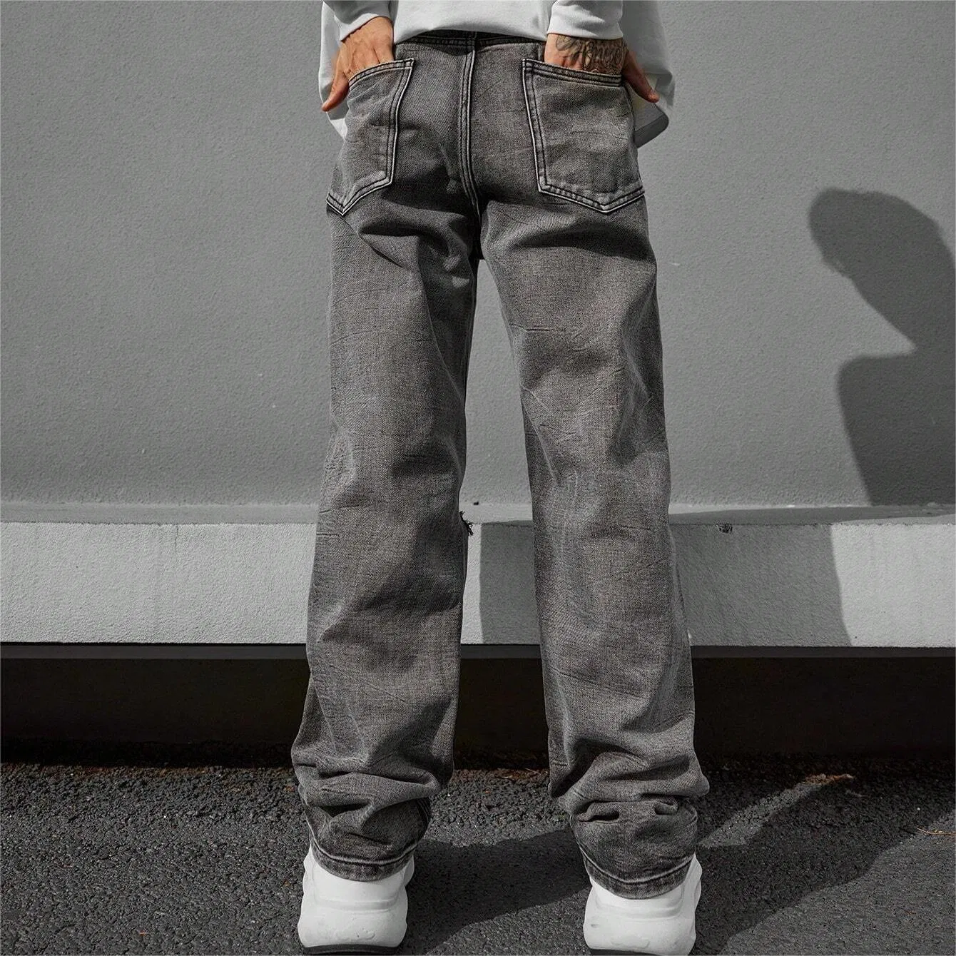 Fábrica OEM de Alta Qualidade Calças Cinzas Streetwear Roupas Baggy Personalizadas Jeans Masculinos Rasgados Ajuste Solto Cinza