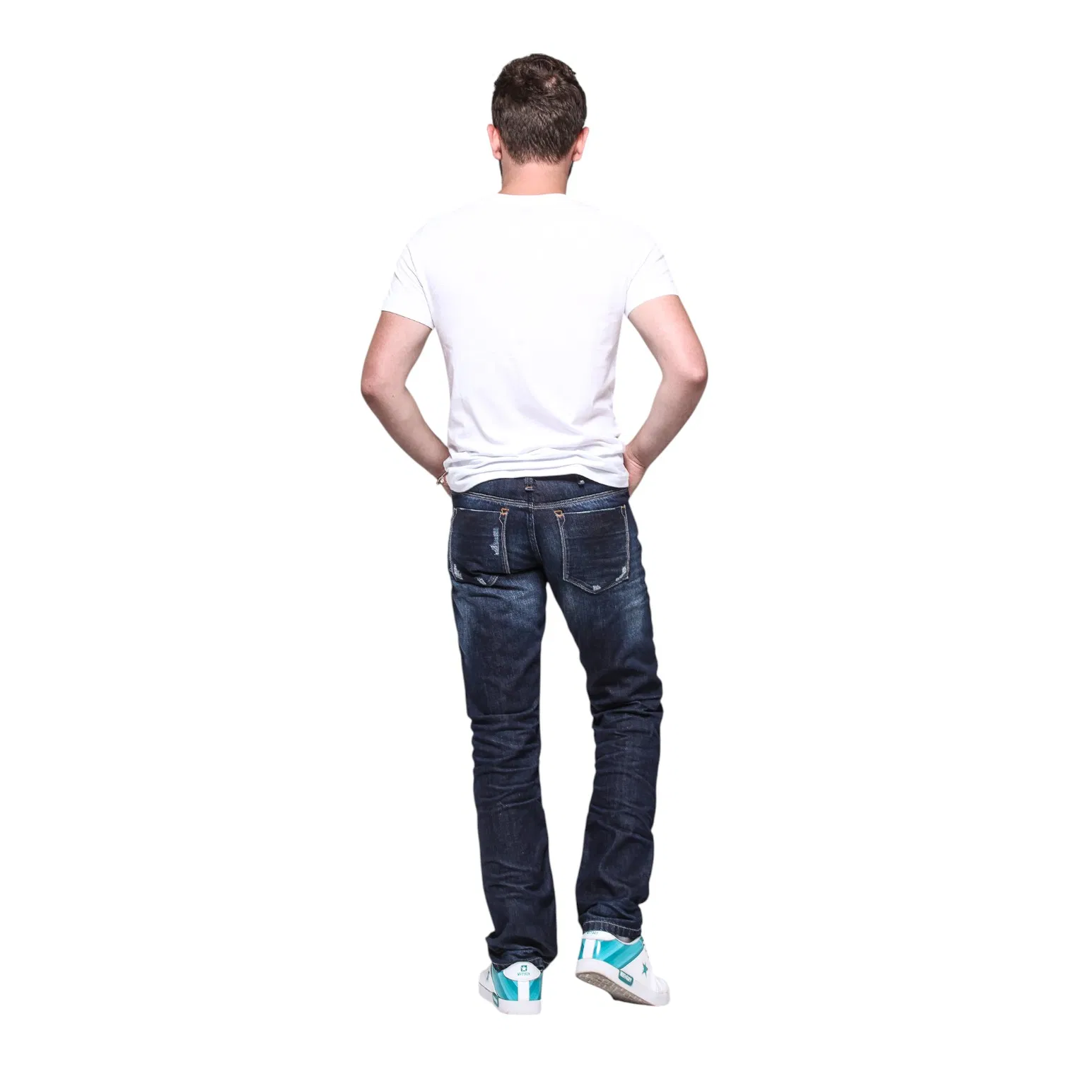 Jeans Mtm com Design Azul Médio Lavado Vintage e Costura em Contraste para um Apelo Atemporal