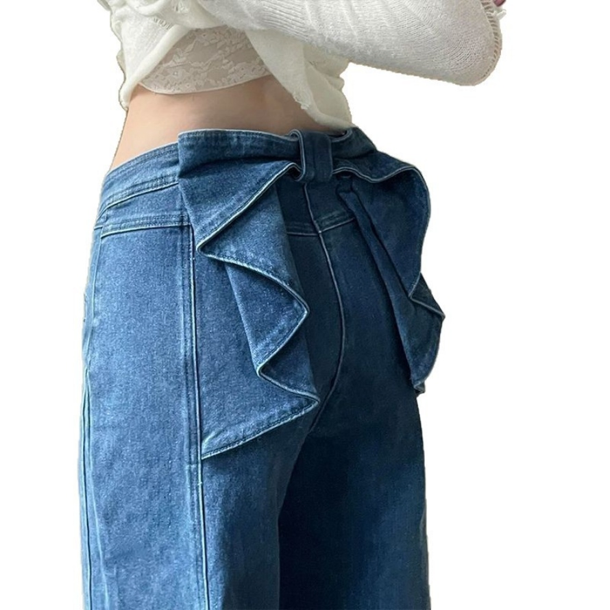 Calças femininas de jeans azul médio, toque suave, estilo urbano e resistentes ao desgaste