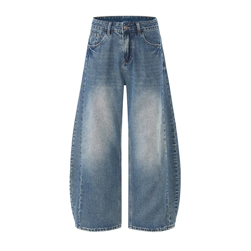 Moda de Tendência Hip Hop Urbana Premium Soft Gradiente Calça Larga Rasgada Jeans de Cintura Alta