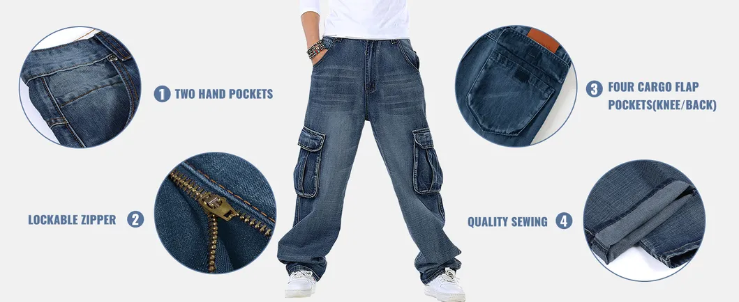 Calças de Trabalho Jeans de Hip Hop Casuais Masculinas Largas com Bolsos Cargo