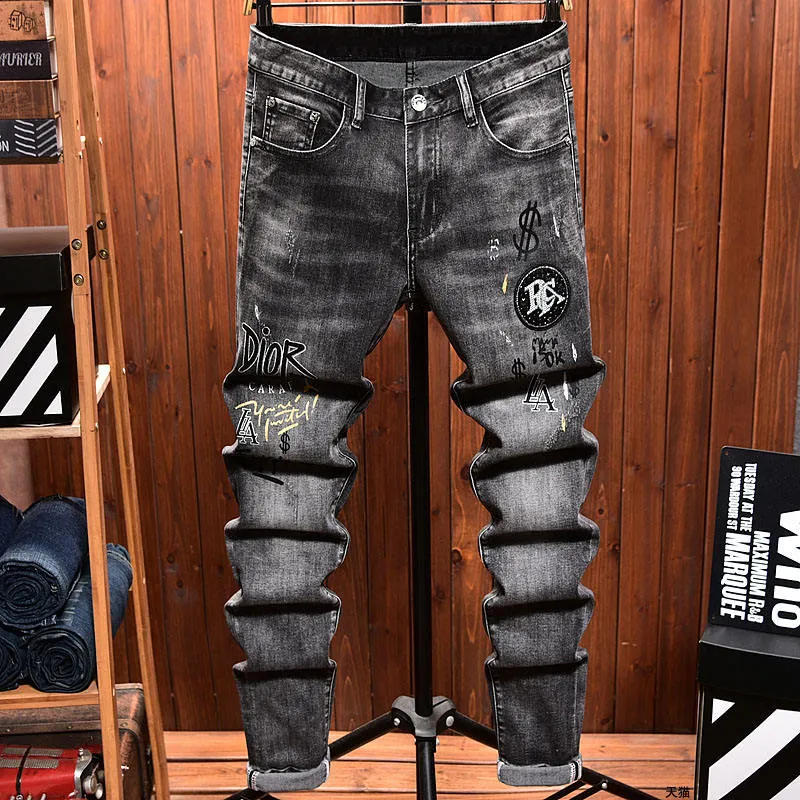 Calças Jeans Masculinas Ajustadas Stonewashed Vintage Respirável de Cintura Média e Perna Reta