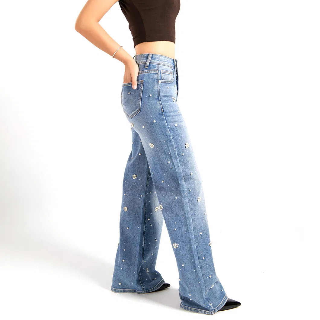 Fabricante de Guangzhou Calças Jeans Femininas Azuis de Cintura Alta e Perna Larga Personalizadas