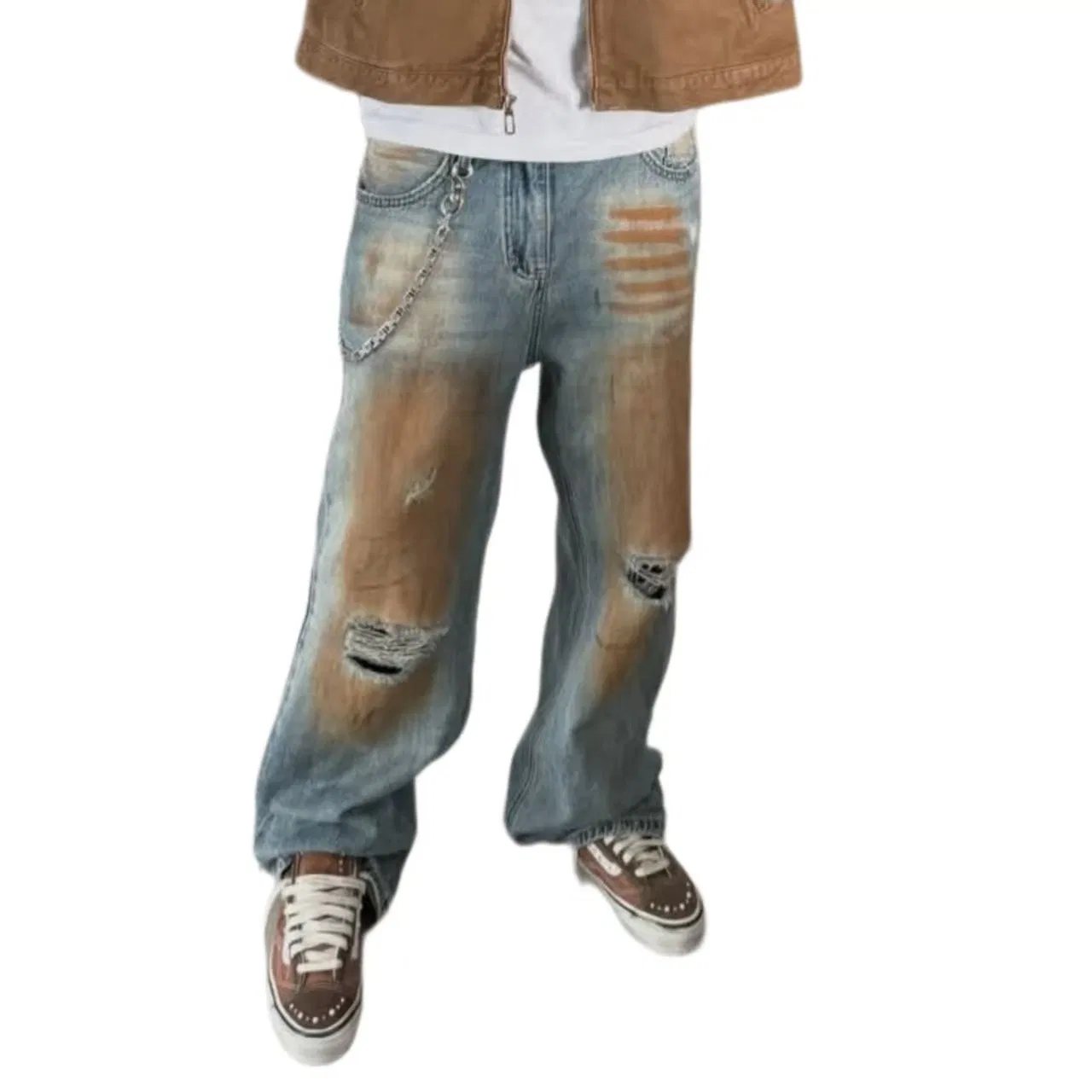 Calças de Jeans Baggy Vintage Distressed Masculinas com Manchas Marrons Lavadas, Denim de Perna Larga
