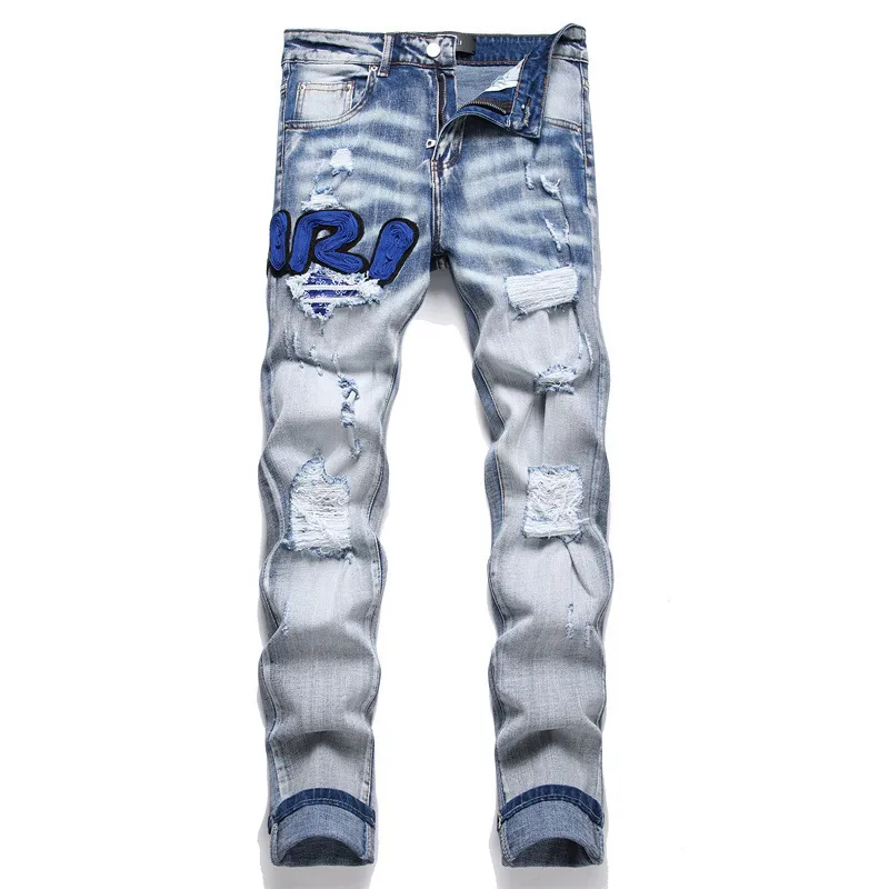 Calças masculinas jeans azul claro, tendência, elástico, slim, moda, calças masculinas Amir