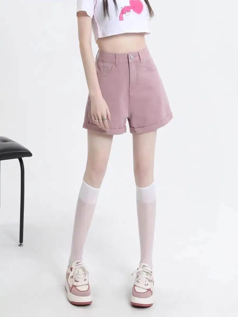 Shorts de Jeans de Cintura Alta para Mulheres, Casual, Ajuste Slim, Jeans Rasgado