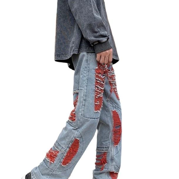 Calças de Denim Flare com Buracos em Patchwork Vermelho, Jeans Soltos para Homens, Personalizados de Fábrica, Estilo Hip-Hop de Alta Rua, Jeans de Designer de Alta Qualidade para Homens
