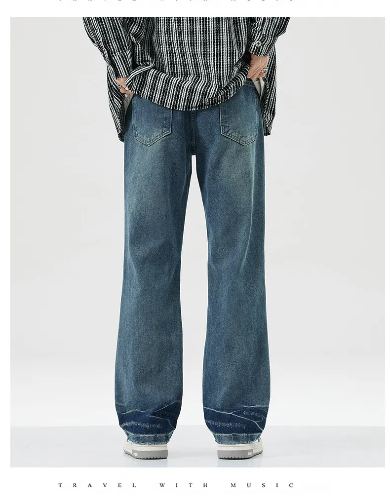Calças largas de cintura alta estilo americano, jeans retro levemente flare para homens, calças de denim em branco para casais