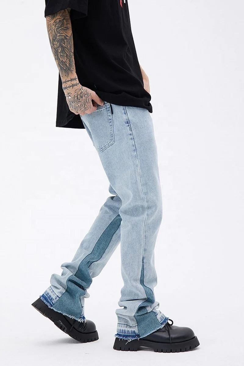 Atacado de Alta Qualidade Calças de Jeans Masculinas em Branco com Logo Personalizado, Calças de Denim em Patchwork, Estilo Flare Empilhado, Ajuste Slim para Homens