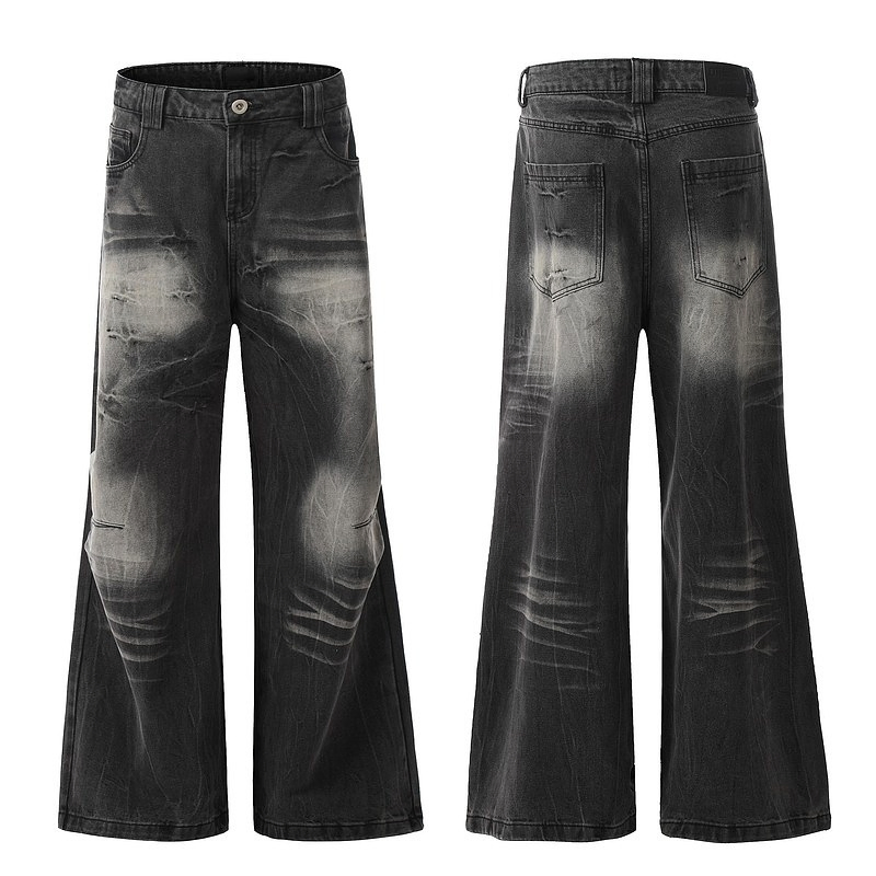 Fabricantes Spray Tingimento Desgastado Novos Calças Jeans Masculinas com Cordão Lavagem Casual Largas