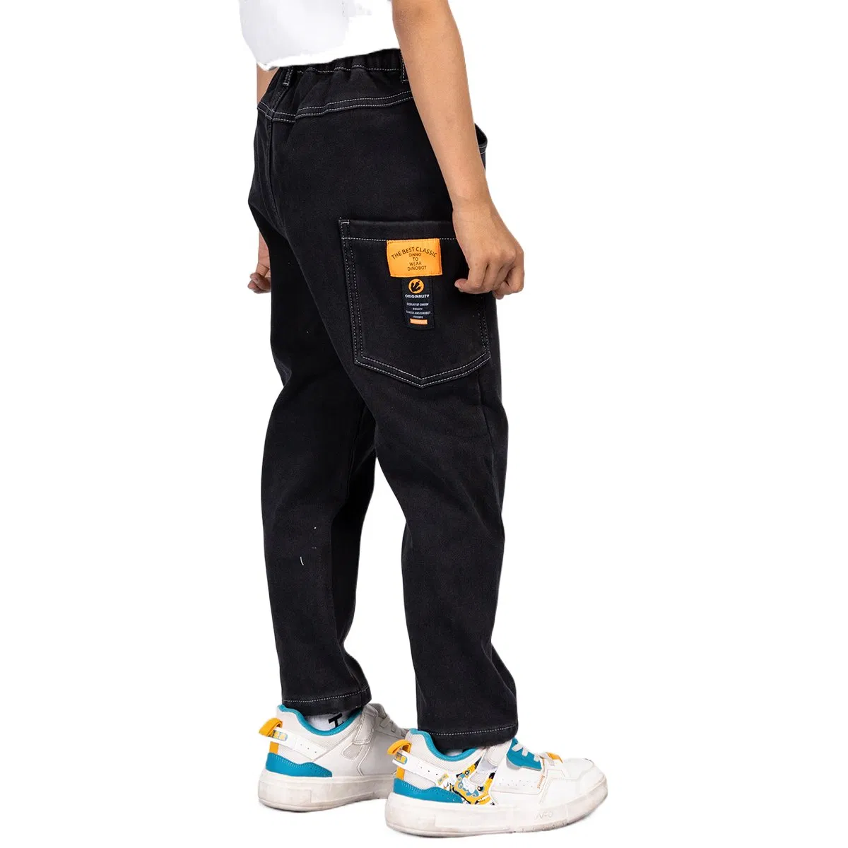 Calças de menino em denim com design retro preto personalizado, laváveis, elásticas e com múltiplos bolsos