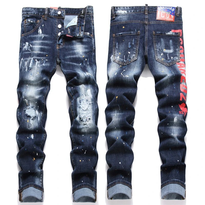 Calças masculinas de estilo punk europeu-americano, bordadas, desgastadas, pintadas, com elástico, de perna reta e comprimento até o tornozelo, tendência