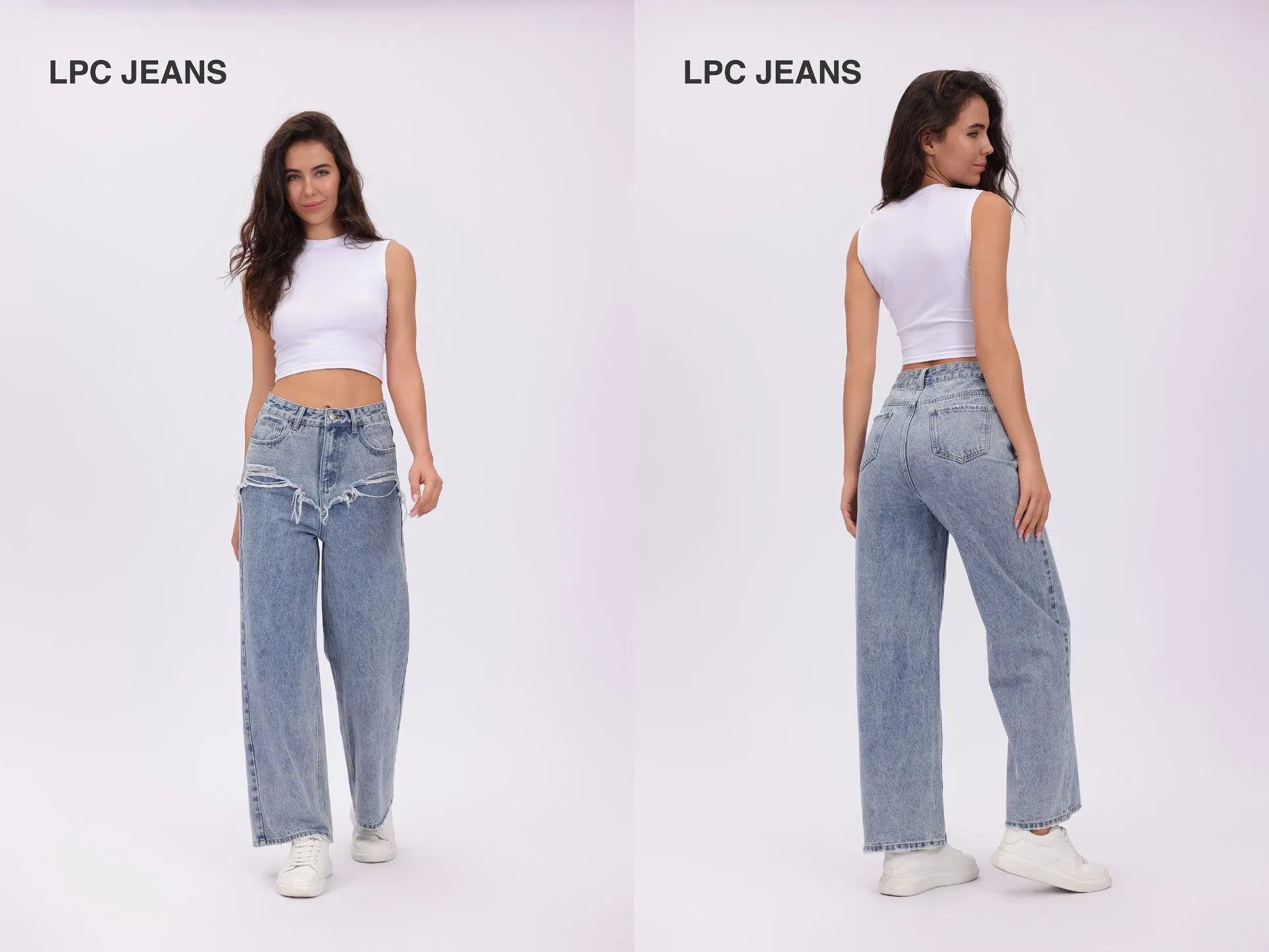 Calça Jeans Retas de Denim Azul Claro com Tendência de Mistura