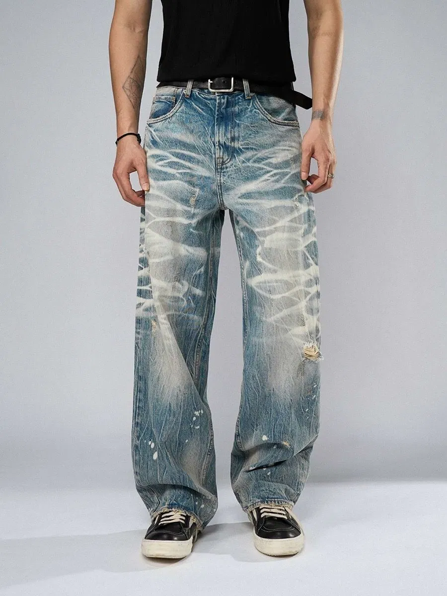 Calças Jeans Masculinas Tendência Rua Desgastadas Gradiente Largas Retas