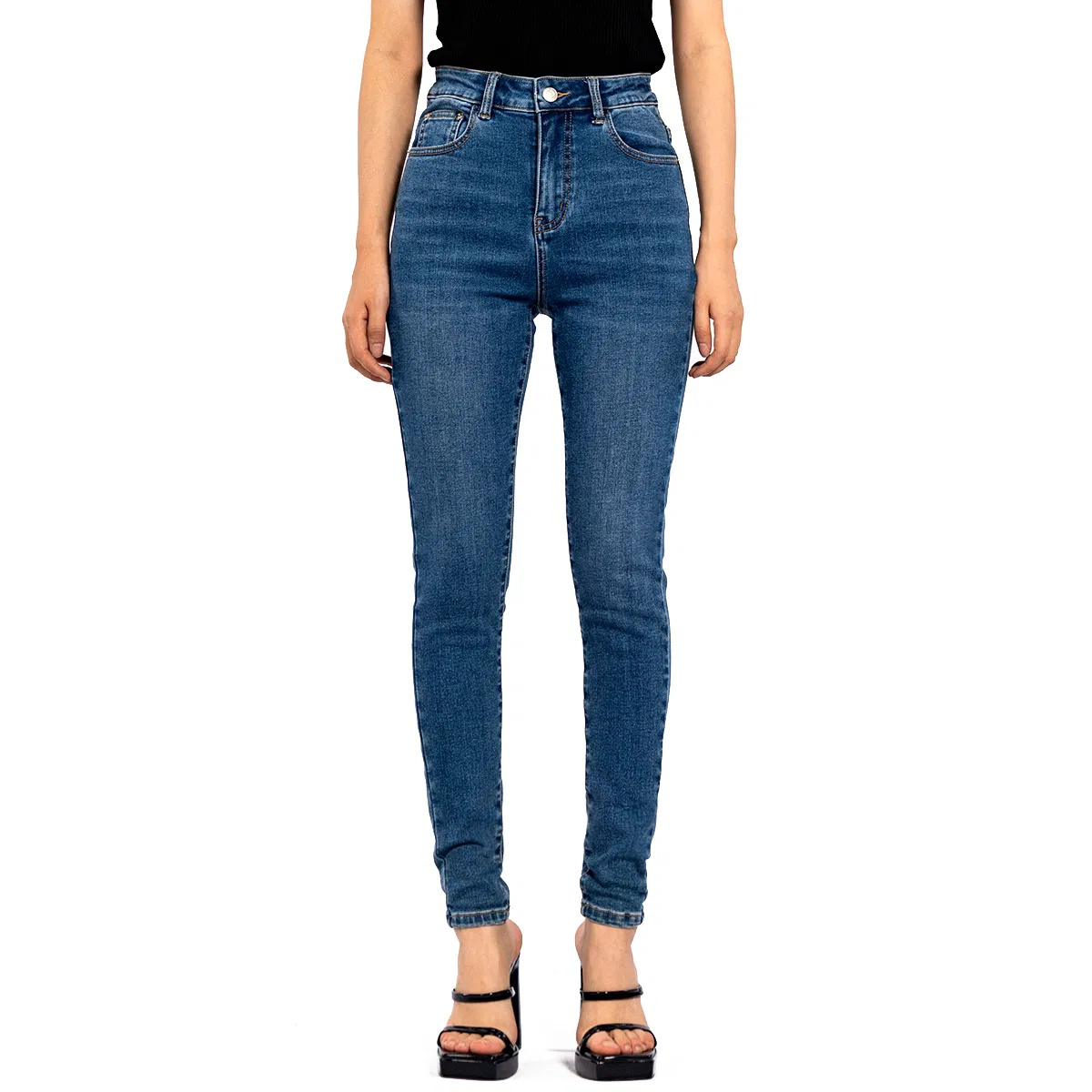 Calças Jeans de Denim Escuro Sub Clássico de Cintura Alta Stretch Skinny para Mulheres