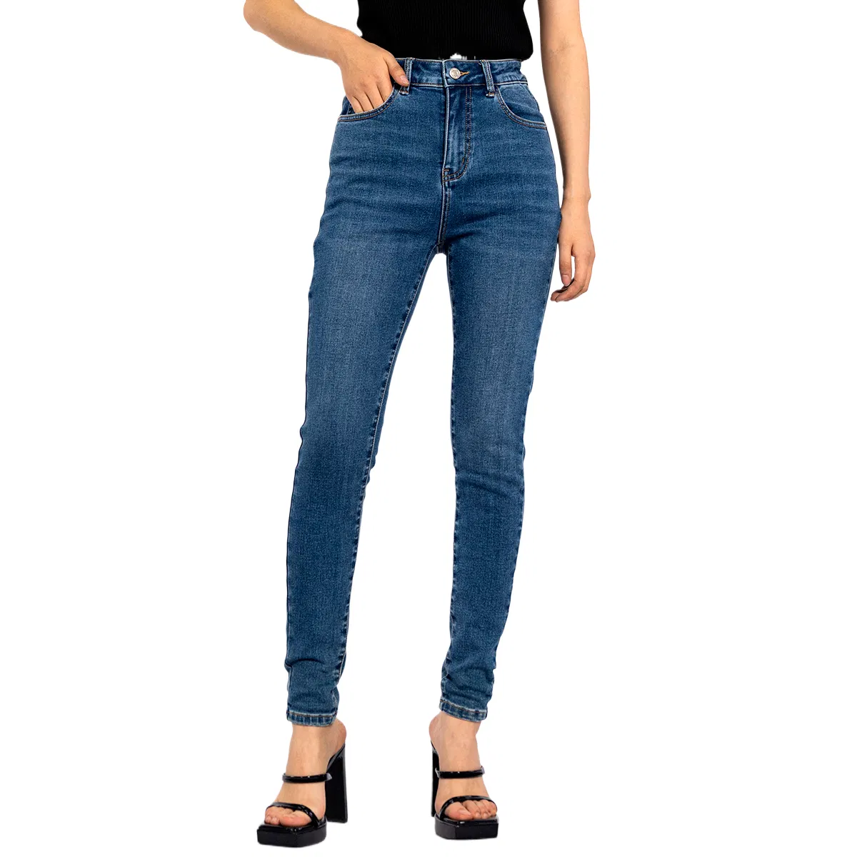 Calças Jeans de Denim Escuro Sub Clássico de Cintura Alta Stretch Skinny para Mulheres