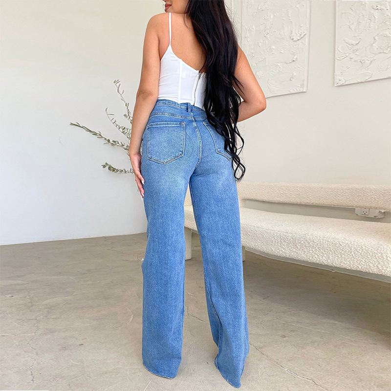 Calças de Jeans Femininas Atacado, Calças para Mulheres, Jeans Rasgado com Barra Desfiada, Moda Feminina, Jeans Baggy